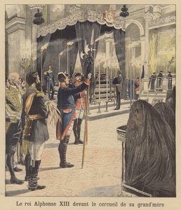 Espanjan kuningas Alfonso XIII isoäitinsä, kuningatar Isabella II:n arkun edessä (värilitro). tekijältä French School