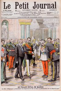 Espanjan kuningas Alfonso XIII esittelee hoviaan Ranskan presidentille Emile Loubetille Madridin kuninkaallisessa palatsissa. Madridin kuninkaallisessa palatsissa. Espanjan kuningas Alfonso XIII esittelee hovin arvohenkilöt tasavallan presidentti Loubetill tekijältä French School