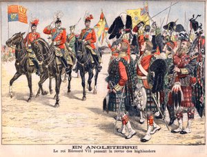 Kuningas Edward VII arvioi Highlandin joukkoja. Englannissa. Kuningas Edward VII (1841-1910) läpäisi ylämaan asukkaiden katsauksen. Kuvitus Le petit Journaliin, 8. lokakuuta 1905. tekijältä French School