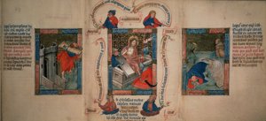 Kings 5 f.20 Ylösnousemus, Simson murtamassa Gazan portit, Joona pakenemassa valasta, Biblia Pauperumista, 1400-luvun alku (vellum) tekijältä French School