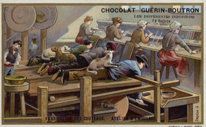 Veitsen valmistus. Teroituspaja (chromolitho) tekijältä French School