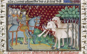Ritarit hyökkäämässä norsuja vastaan, "Shrewsbury Talbot Book of Romances", n. 1445 (vellum) tekijältä French School