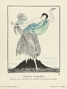 Hopealintu. La Gazette du Bon Ton -pubista peräisin oleva iltapuku, joka koostuu rintaa käärivästä huivista. 1914 (stensiiliprintti) tekijältä French School