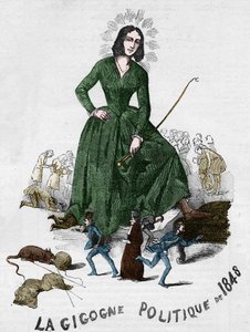 Vuoden 1848 poliittinen Gigogne (George Sand (Aurore Dupin, Baronne Dudevant) (1804-1876) ranskalainen kirjailija). Bourgesissa vuonna 1848 tehty sarjakuva Adolphe Jullienin romanttisesta kokoelmasta. tekijältä French School