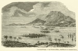Guadeloupe, La Pointe-a-Pitre, Grande-Terren pääkaupunki, osittain tuhoutunut maanjäristyksessä 8. helmikuuta 1843 (kaiverrus) tekijältä French School