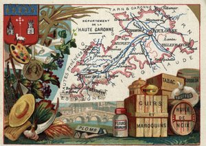 La Haute Garonne (Haute-Garonne, 31), Midi-Pyreneet (Midi Pyrenees), Ranska. Paikallinen erikoisuus: lyijy, appelsiininkukat, tahna, nahka ja nahkatavarat, tupakka, pähkinäöljy, terva ja tryffelit. Sarja Ranskan departementeista. Kromolitografia (Chromo) " tekijältä French School