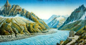 La Mer du Glace, Aiguille du Dru ja Montanversin asema, n. 1900 (värillinen valokuva) tekijältä French School