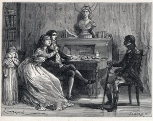 La Terreur Ranskan vallankumouksen aikana: Camille Desmoulins (1760-1794), vangittu, sai vaimonsa Lucilen (1770-1794) ja marekaalin Guillaume Brunen (1763-1815) vierailun tekijältä French School