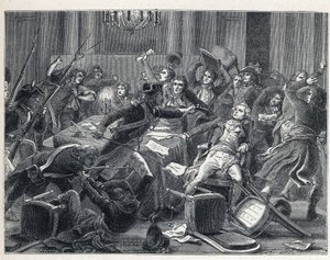 La Terreur Ranskan vallankumouksen aikana: Maximilian de Robespierren (1758-1794) pidätys ja hänen kannattajansa tapasivat uudelleen Hotel de Ville de Parisissa 9. Thermidorin vuosi II (27. heinäkuuta 1794). Keskellä santarmi ampui pistoolilla Robespierrea tekijältä French School