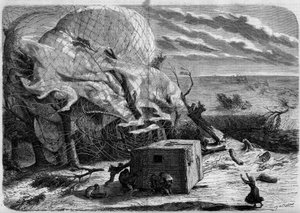 Ilmapallon "Le Geant" putoaminen Hannoverin tasangoilla vuonna 1863 mukana: Jules ja Louis Godard, Felix Nadar, hänen vaimonsa, Fernand Montgolfier ja Thirion. Lentonautit yrittävät pelastaa korin alle jääneen neiti Nadarin. Kaiverrus ""The World Illus tekijältä French School