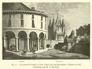 Temppelin Rotunda vuonna 1808; Lontoossa vuonna 1809 julkaistusta akvatintasta, jonka toimitti M A Bonnardot tekijältä French School