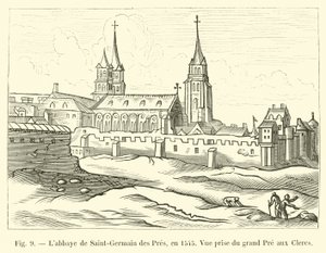 Saint-Germain des Presin luostari, vuonna 1545, näkymä Grand Pre aux Clercsistä tekijältä French School