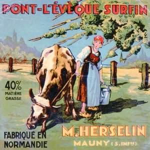 Juustonvalmistaja M. Herselinin Pont-LEveque-juuston etiketti, 1900-luvun alku tekijältä French School