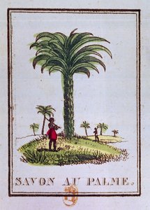 Palmuöljyn tuoksuisen saippuan etiketti, joka kuvaa palmua tekijältä French School