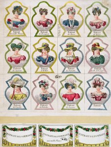 Etiketit, joissa mainostetaan erilaisia kukkauutteita hajuvesiliikkeeseen, Pariisiin, 1800-luvun alku tekijältä French School