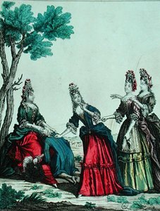 Naiset pelaamassa arvauspeliä herrasmiehen kanssa, 1600-luvun 2. puolisko (värikaiverrus) tekijältä French School