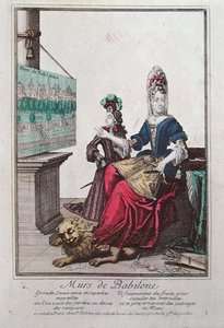 Nainen näyttää kuvaa Semiramisista ja Babylonin riippuvista puutarhoista (väri litho) tekijältä French School