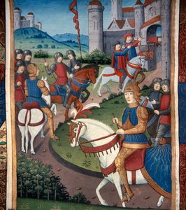 Lancelot saapumassa ranskalaiseen kylään (vellum) tekijältä French School