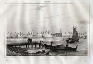 Venetsian Lidon laskeutumislava - Kaiverrus "" Maalauksellisesta Italiasta"", M. de Norvins, Ch. Nodier 1834-1836. tekijältä French School