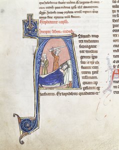 Suuri historiallinen alkukirjain "A", jossa Judith miekka nostettuna nukkuvan holofernesin yläpuolelle, n. 1200-1225 (ruskea, punainen, valkoinen ja sininen muste vaaleanpunaisella pohjalla (vellum) golilla) tekijältä French School