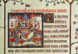 Lat 962 f.264 Pienoiskuva piispasta, joka siunaa vuosittaisia messuja tai markkinoita, jotka pidettiin kahden viikon ajan kesäkuussa St. Denisin tasangoilla, paavi, 1301-1400 tekijältä French School
