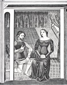 Launcelot ja Guinevere 1300-luvun käsikirjoituksen pienoismallin jälkeen Paul Lacroix -pubin Science and Literature in The Middle Ages -julkaisusta. Lontoo 1878 tekijältä French School