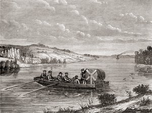 Lennätinkaapelin asettaminen amerikkalaisen joen alle n. 1860, Les Merveilles de la Science, julkaistu n. 1870 (kaiverrus) tekijältä French School