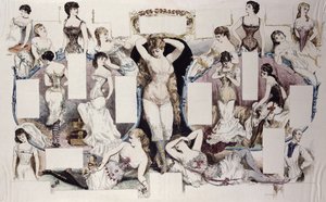 Asettelukuvitukset artikkeliin naisten alusvaatteista, La Vie Parisienne, n. 1870 tekijältä French School