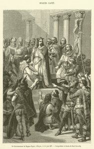 The Coronation of Hugues Capet, Noyon, 1. kesäkuuta 987 (kaiverrus) tekijältä French School