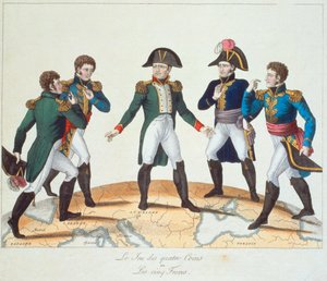 Le Jeu des Quatre Coins tai Les Cinq Freres, Bonapartiste-sarjakuva, joka kuvaa Napoleonia ja hänen veljiään, 1808 tekijältä French School