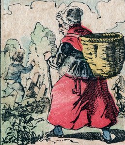 Le Pere Fouettard, ranskalainen hahmo ruoskivan isälle, legendaarinen kansanperinteen hahmo, joka rankaisee tuhmia lapsia: hänen vaimonsa La Mere Fouettard ruoskiva äiti, joka jahtaa koulun väliin jättäviä lapsia - Epinal-kuva tekijältä French School