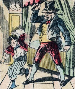 Le Pere Fouettard on legendaarinen kansanperinteen hahmo, joka rankaisee ruoskallaan viisaita lapsia ja sulkee tottelemattomia lapsia, kuva Epinalista tekijältä French School