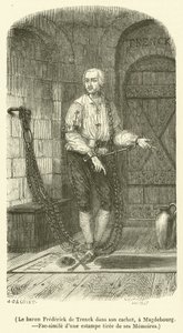 Paroni Frédéric de Trenck vankityrmässään Magdeburgissa (kaiverrus) tekijältä French School