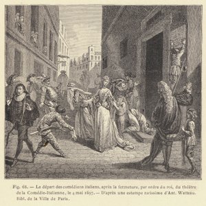 Italialaisten näyttelijöiden poistuminen Comedie-Italiennen teatterin päättämisen jälkeen kuninkaan käskystä 4. toukokuuta 1697 (kaiverrus) tekijältä French School