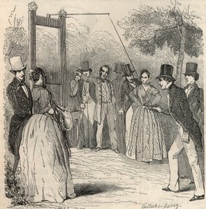 Kyyhkysriista Mabille-puutarhassa Pariisissa 1800-luvulla - Edmond Texierin kaiverrus Tableau-de-Parisissa 1852 tekijältä French School