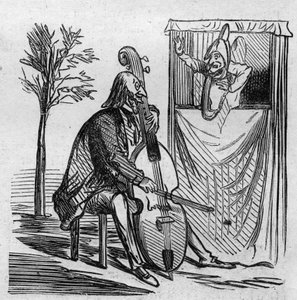 Maestro Offenbach monopolioi musiikillaan kaikki Pariisin teatterit. Saksalainen kansalaistettu ranskalainen säveltäjä Jacques Offenbach (1819-1880) soittaa selloa. Cham sarjakuva. Kaiverrus ""Le Monde Illustre" -julkaisussa nro 499, 3. marraskuuta 1866. tekijältä French School
