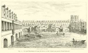Notre-Damen silta ja Quai de Gesvres vuonna 1660 Israel Sylvestren kaiverruksen jälkeen tekijältä French School