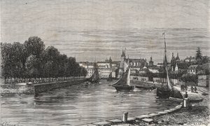 Le port de Vannes (Morbihan, Ranska)// Vannesin satama (Morbihan, Ranska) - kaiverrus V.-A. Maltaanruskea. 1884 tekijältä French School