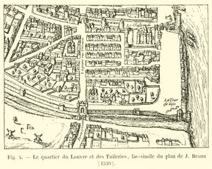 Louvren ja Tuileriesin kaupunginosa, faksimile J Braunin suunnitelmasta, 1530 tekijältä French School
