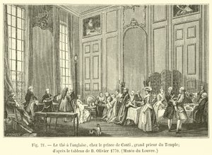 Englantilaista teetä temppelin suurpriorin prinssi de Contin kanssa; B Olivierin maalauksen jälkeen 1770, Louvre-museo
