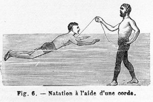 Uimaan oppiminen johdolla, pubi. 1885 kaiverrus, 1885. tekijältä French School