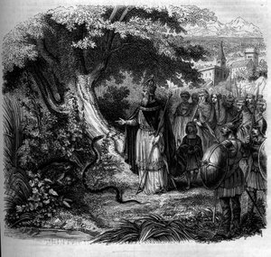 Legenda Kaarle Suuresta ja käärmeestä: keisari rupikonnan miehittämän käärmepesän edessä. Kaiverrus vuodelta 1852. tekijältä French School