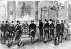 Keisari Napoleon III (1808-1873) vastaanottaa Kiinan suurlähettiläät ja heidän tulkkinsa Pariisin Salon des Tuileriesissa tekijältä French School