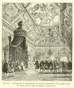 Keisari ja keisarinna vastaanottavat onnittelut osavaltion suurjoukolta valtaistuinsalissa, 3. huhtikuuta 1810 tekijältä French School