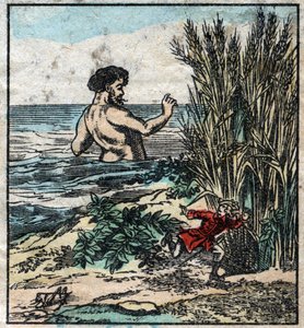Lemuel Gulliver piiloutuu jättiläiseltä Brobdingnagissa. Kuvitus Jonathan Swiftin (1667-1745) elokuvaan "" Gulliver