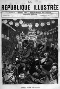 Leon Gambetta (1838-1882) tervehtii patsaan Place de la Republique -aukiolla Pariisissa. Sanomalehti. Kaiverrus vuodelta 1880 "La republique illustree" -yksityiskokoelmassa. tekijältä French School
