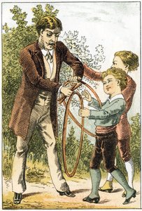 Leon ja Lucien oppivat lukemaan hyvin ja heistä tuli pieniä tiedemiehiä – heidän vanhempansa palkitsevat heille kauniit vanteet – kirjassa ”Alphabet des petits savants”, 1800-luvun lopulla (kromolitografia) tekijältä French School