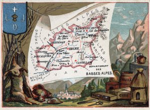 Les Basse Alpes (Basse-Alpes), nykyään Alpes-de-Haute-Provencen departementti (Alpes de Haute-Provence 04), Ranska. Paikallinen erikoisuus: metsästys, vaha, hunaja, kuivatut hedelmät ja öljy. Sarja Ranskan departementeista. Kromolitografia (Chromo) "" maan tekijältä French School