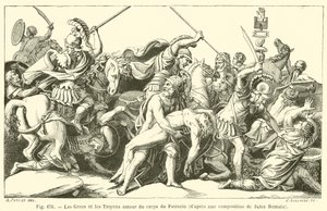 Kreikkalaiset ja troijalaiset Patrocluksen ruumiin ympärillä (kaiverrus) tekijältä French School