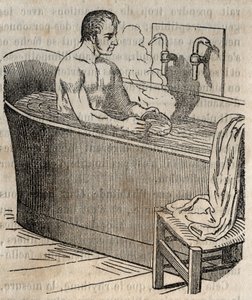 Kylpyeleet - Hygienia 1800-luvulla - mies kylpyammeessa - kaiverrus "La Sante Universelle - Guide Medical des Familles" 1852 tekijältä French School